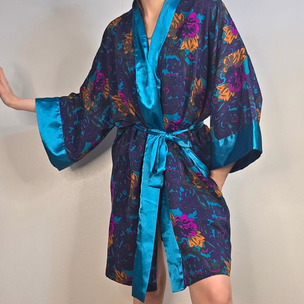 Vintage Victoria Secret Satin Floral Robe Teal Belted Kimono Gold Tag One Size